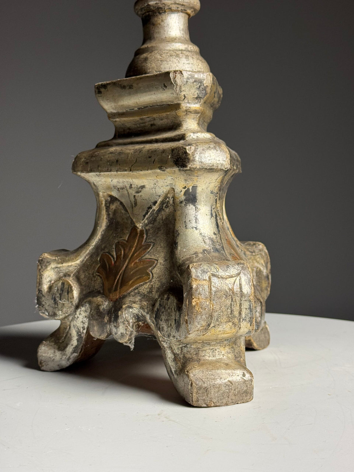 Italian Hand Carved Silvered Wooden Candlestick, 18th Century, photo 13