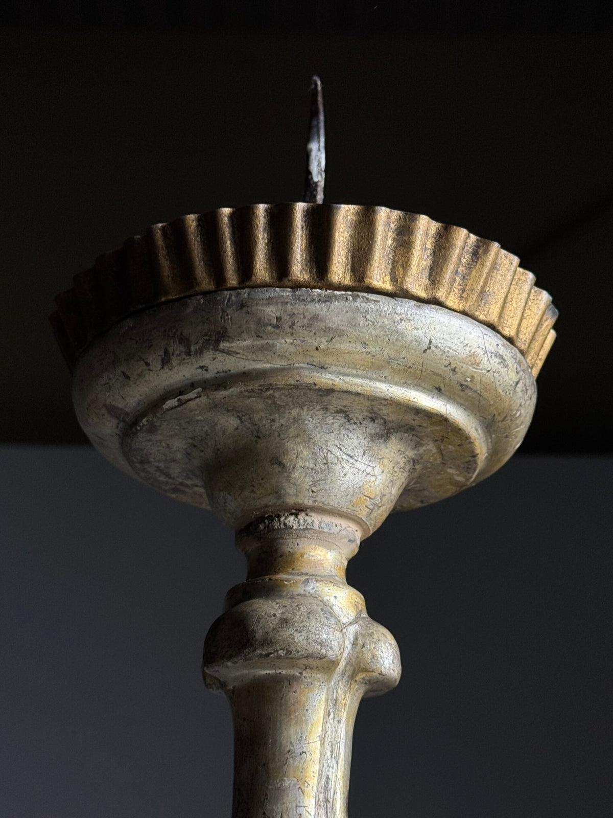 Italian Hand Carved Silvered Wooden Candlestick, 18th Century, photo 6
