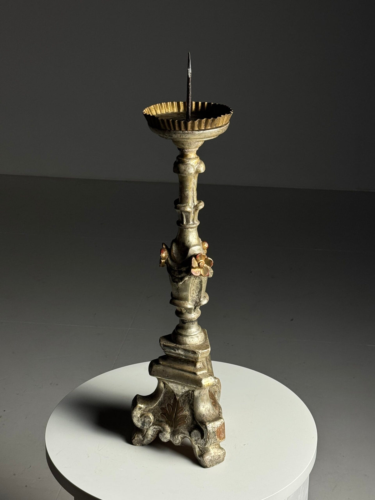 Italian Hand Carved Silvered Wooden Candlestick, 18th Century, photo 5