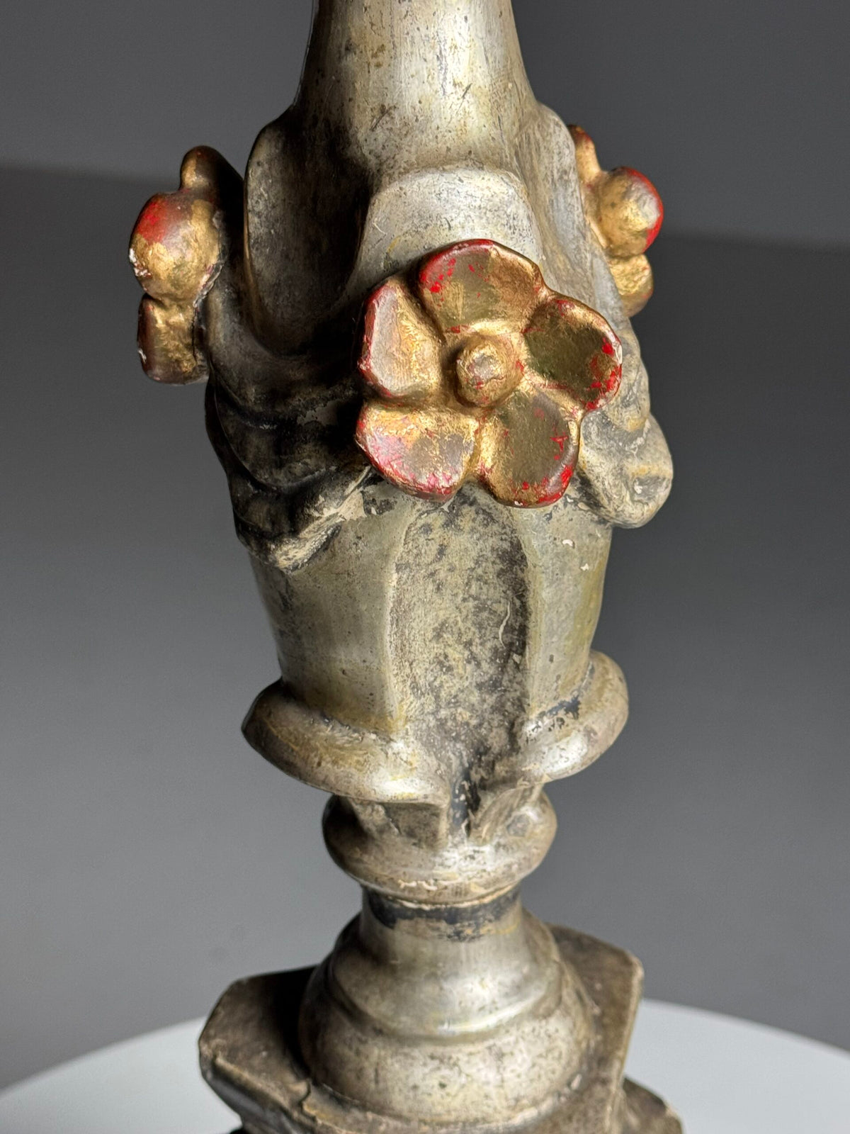Italian Hand Carved Silvered Wooden Candlestick, 18th Century, photo 3