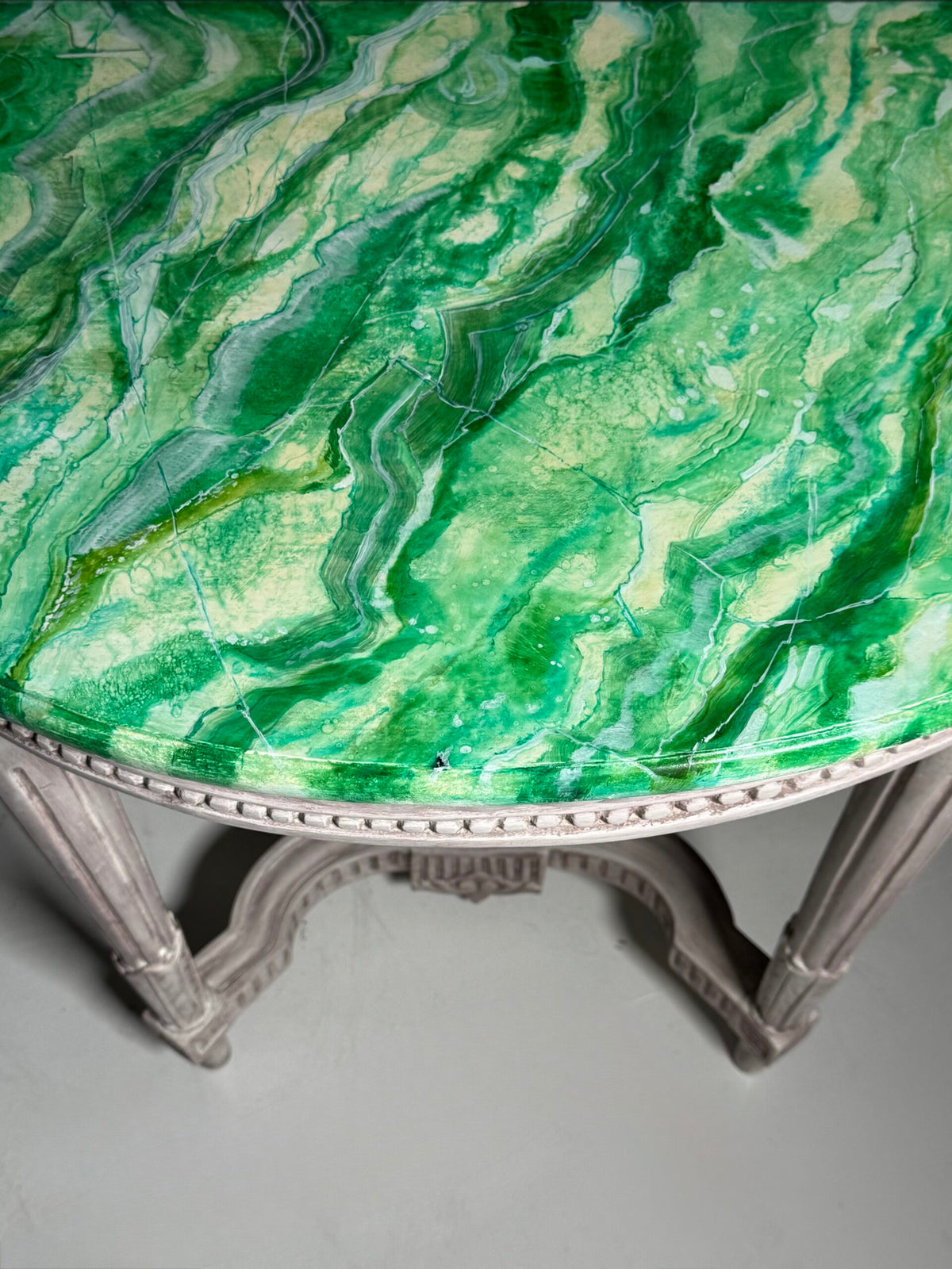 Pair of Louis XVI Style Console Tables with Malachite Painted Tops, photo 18