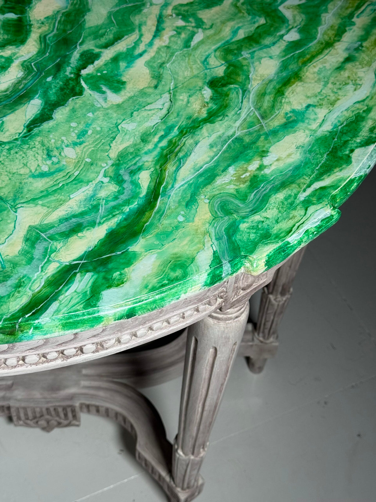 Pair of Louis XVI Style Console Tables with Malachite Painted Tops, photo 17