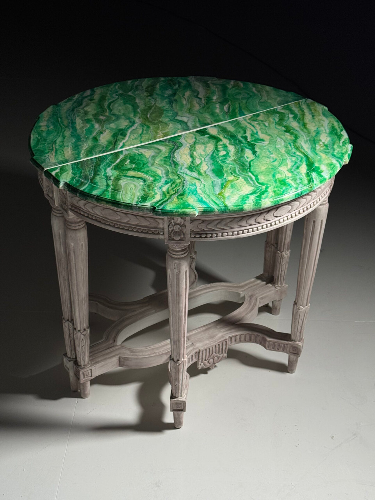 Pair of Louis XVI Style Console Tables with Malachite Painted Tops, photo 9