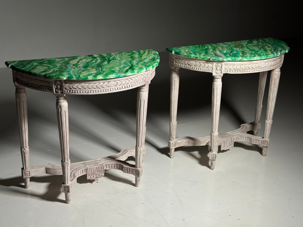 Pair of Louis XVI Style Console Tables with Malachite Painted Tops, photo 5