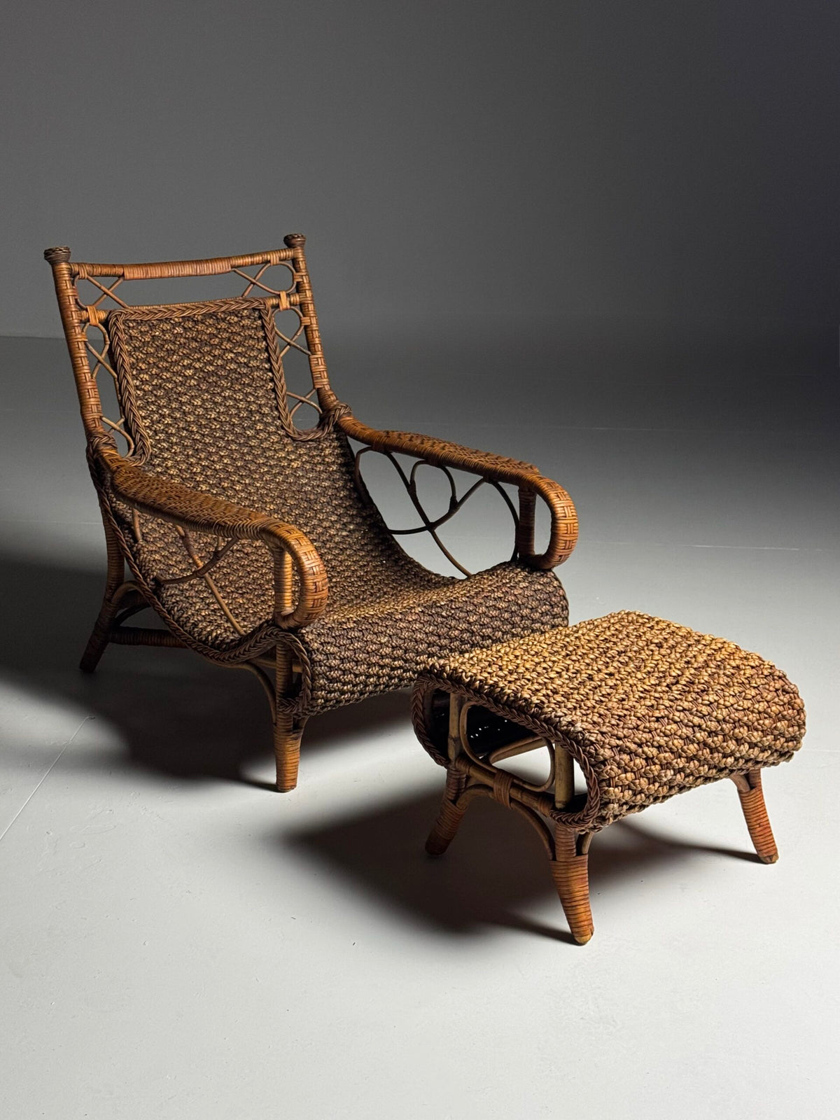 Vintage French Rattan Armchair with Footstool, photo 1