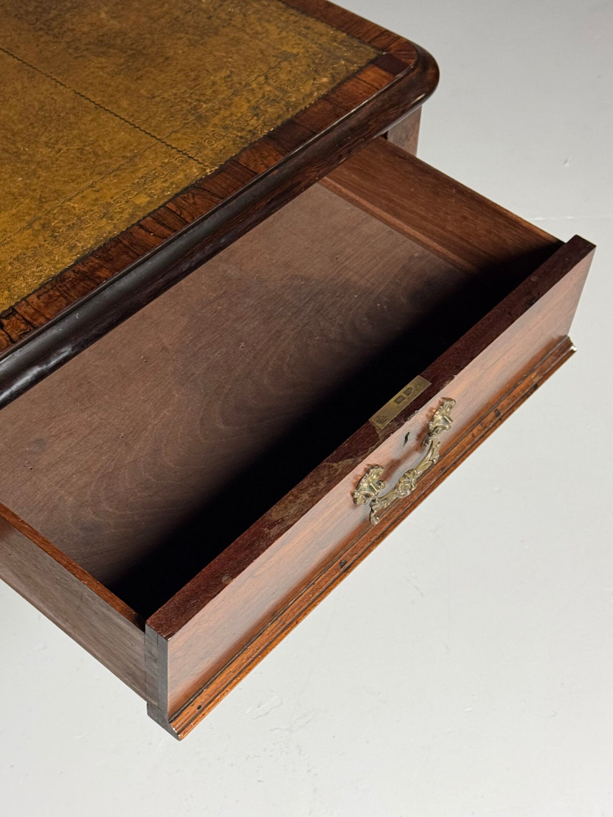 English Mahogany Writing Desk with Ochre Leather Top, c. 1890 to 1900, photo 16