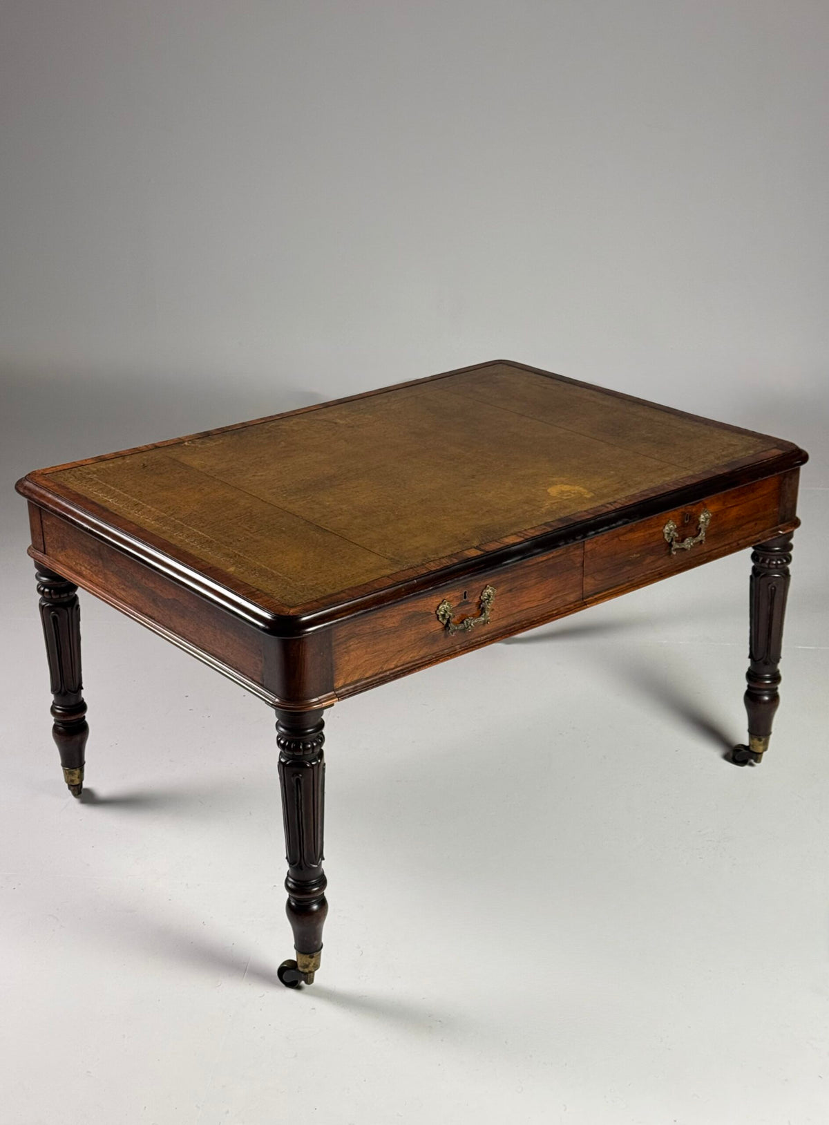 English Mahogany Writing Desk with Ochre Leather Top, c. 1890 to 1900, photo 1