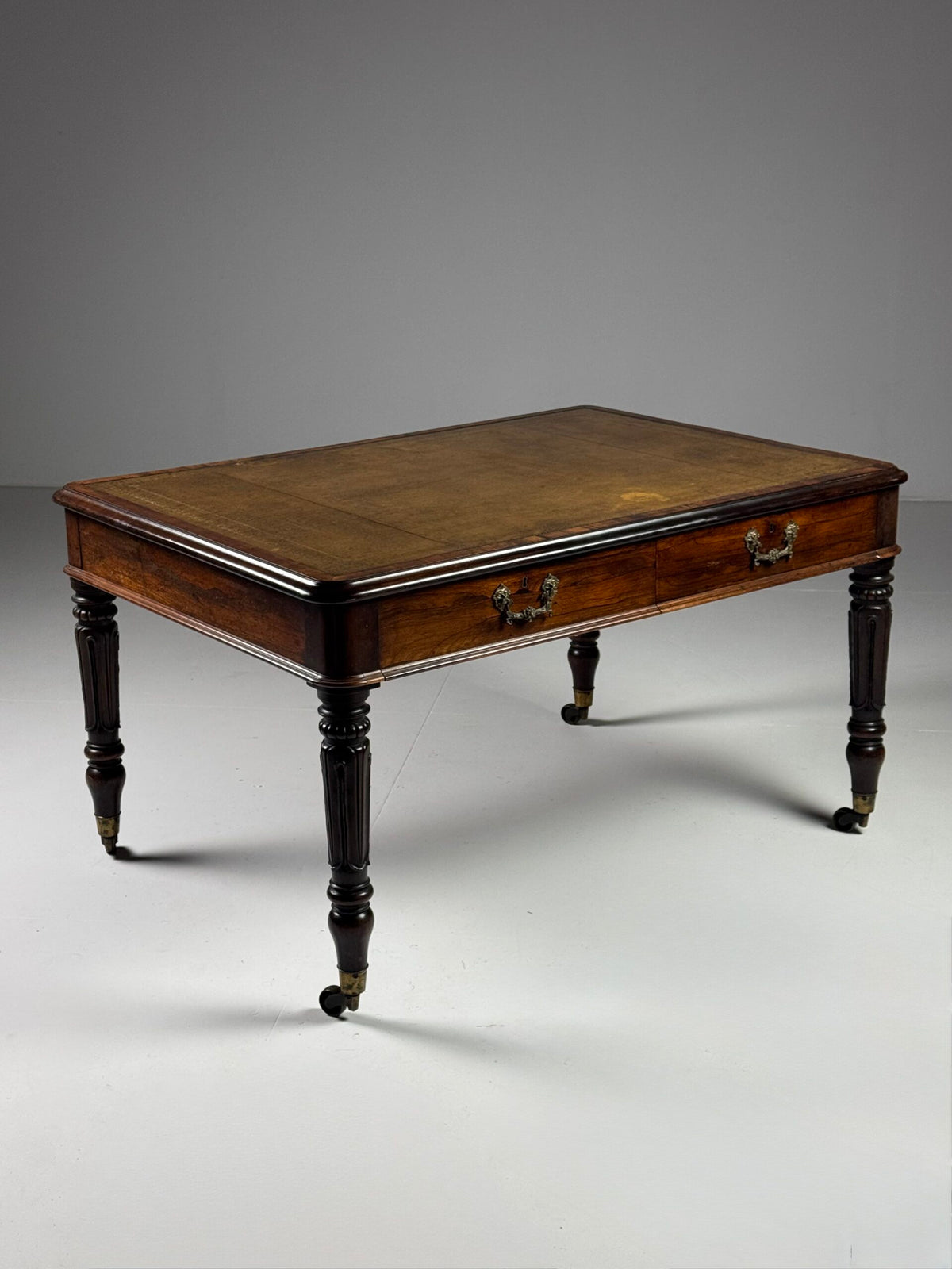 English Mahogany Writing Desk with Ochre Leather Top, c. 1890 to 1900, photo 5