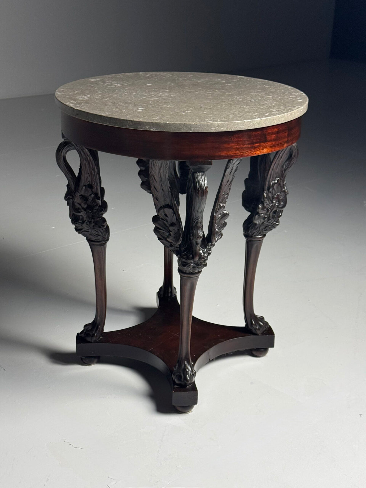 Empire Mahogany Gueridon with Grey Marble Top and Swan Legs, photo 1