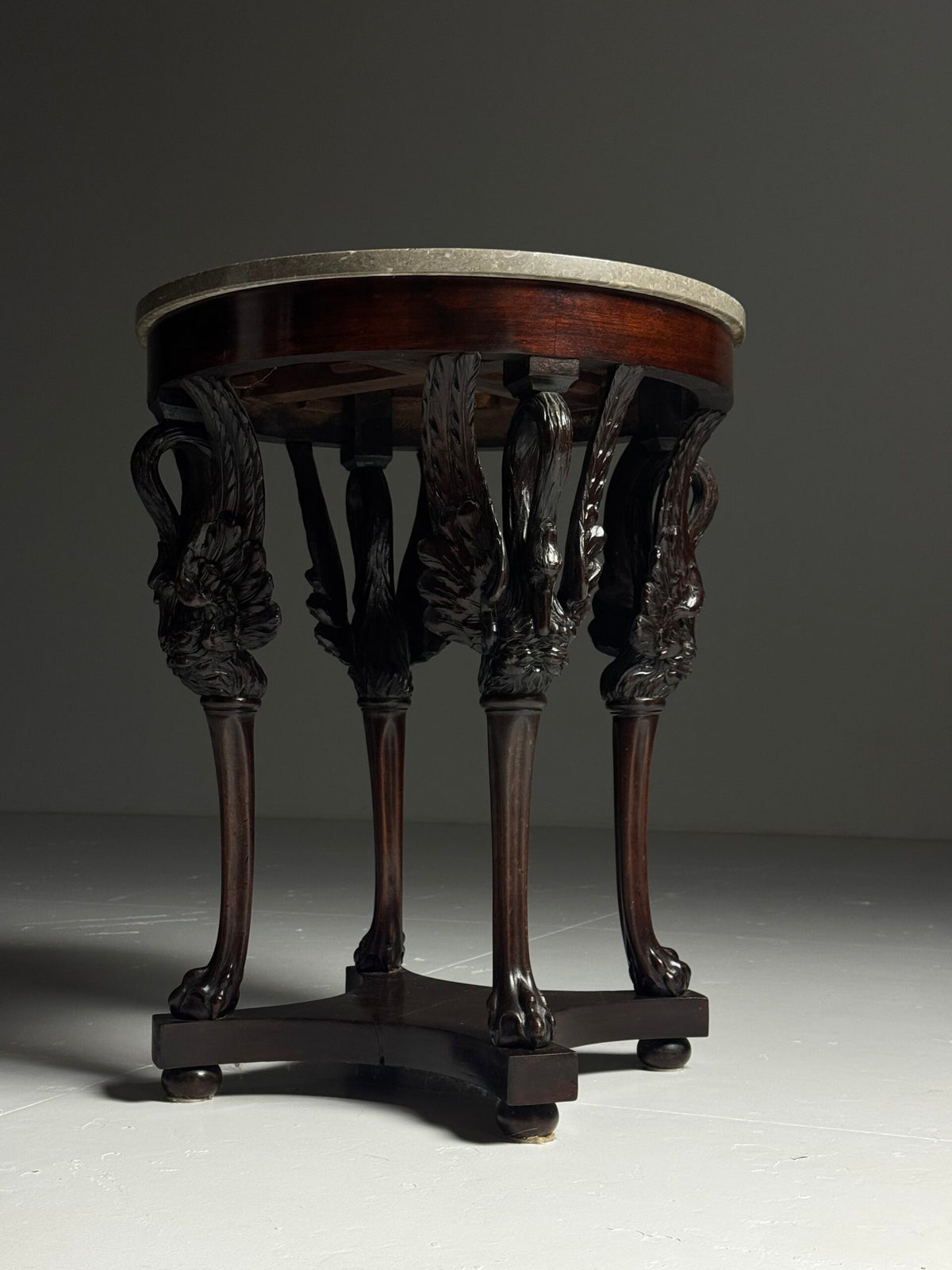 Empire Mahogany Gueridon with Grey Marble Top and Swan Legs, photo 3