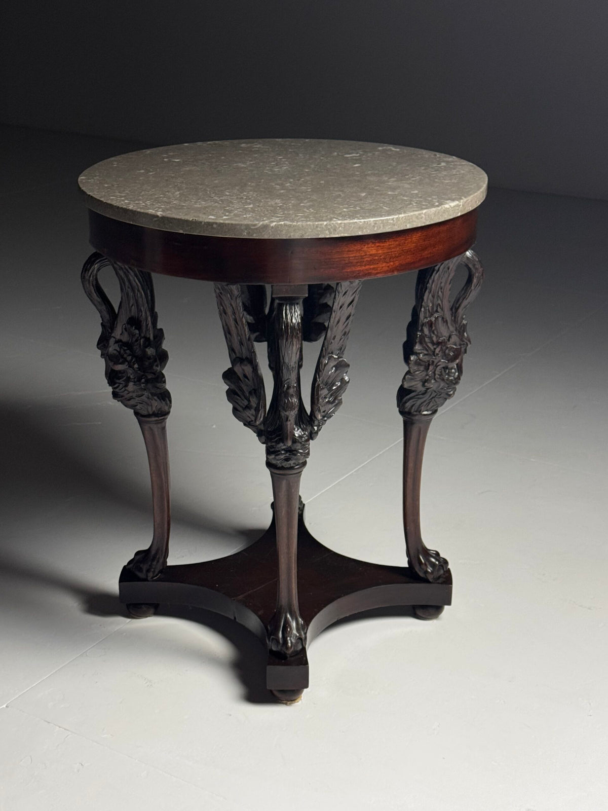 Empire Mahogany Gueridon with Grey Marble Top and Swan Legs, photo 14