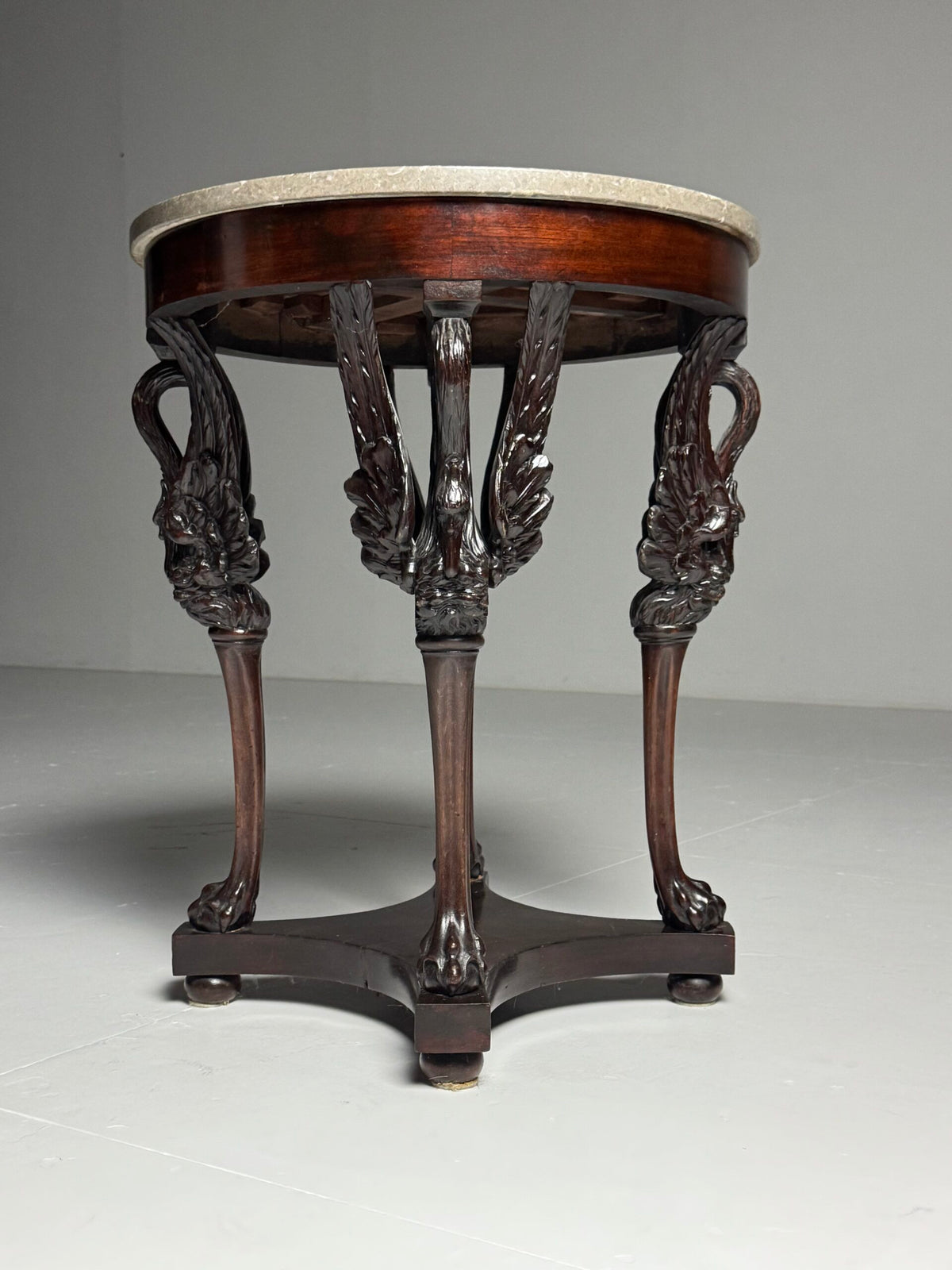 Empire Mahogany Gueridon with Grey Marble Top and Swan Legs, photo 15