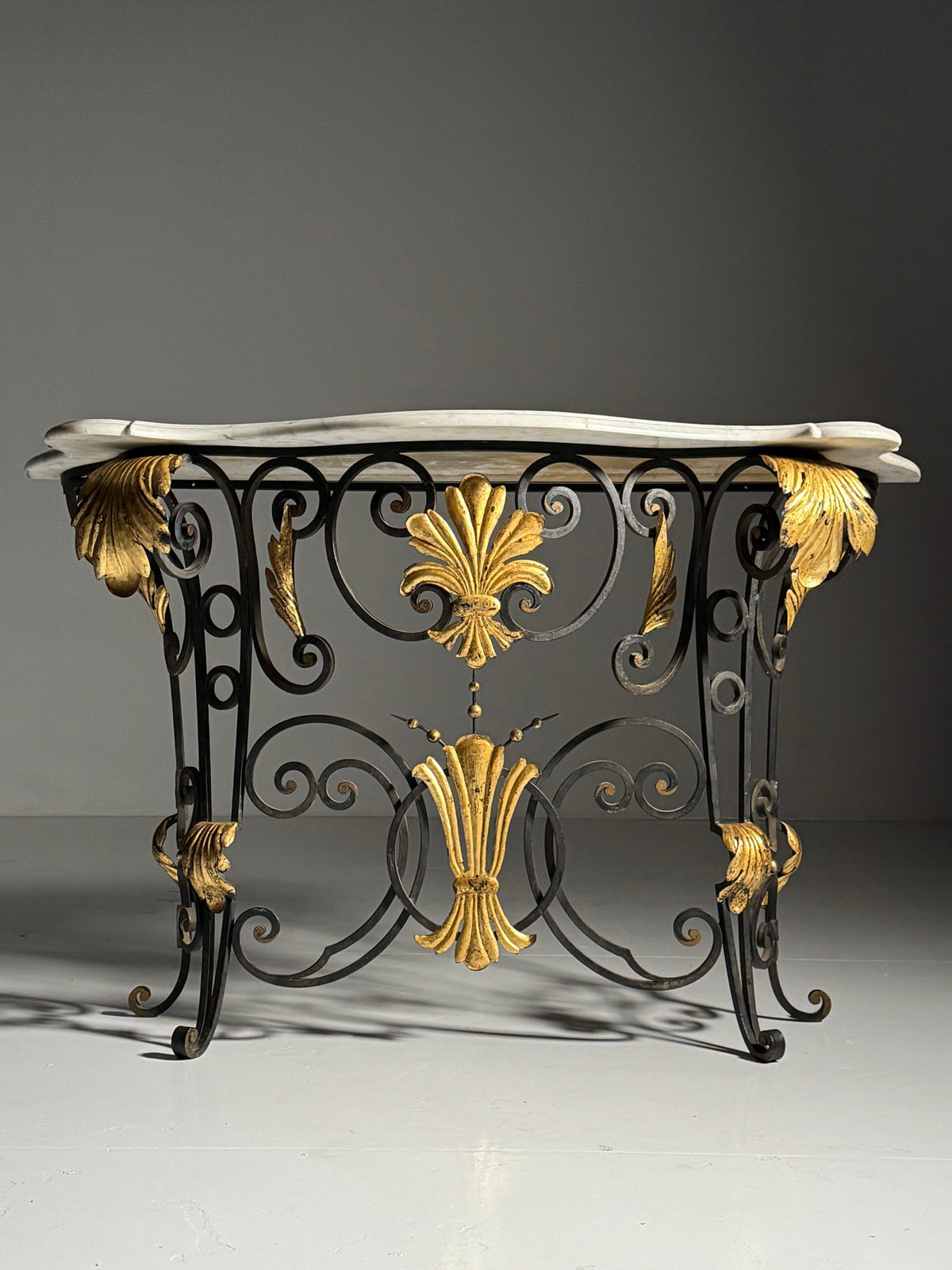 1950s Wrought Iron Console Table with Carrara Marble Top, photo 1