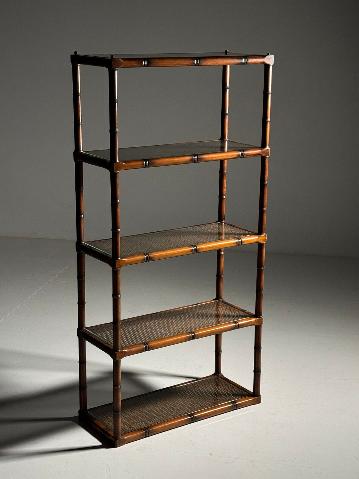 Faux Bamboo Bookcase with Webbing and Glass Shelves, 1980s, photo 9