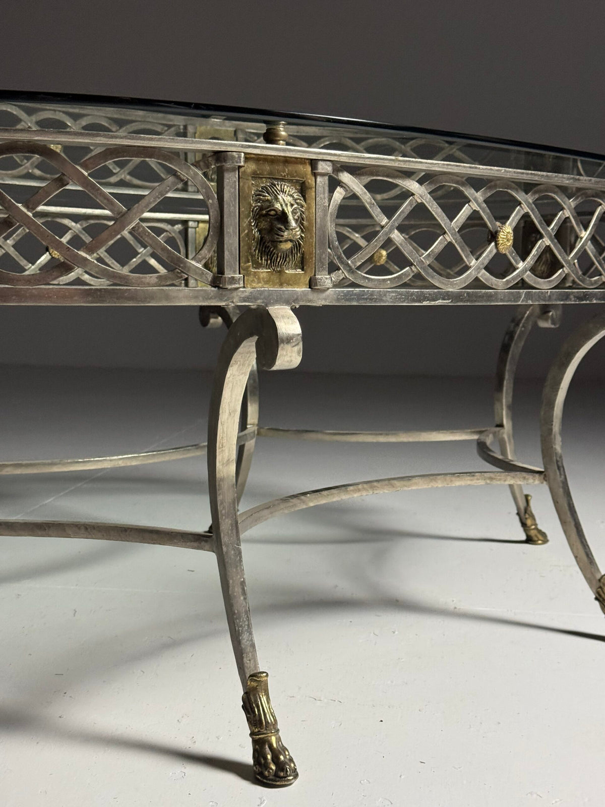 Empire Style Oval Metal Coffee Table with Faceted Glass Top, photo 9