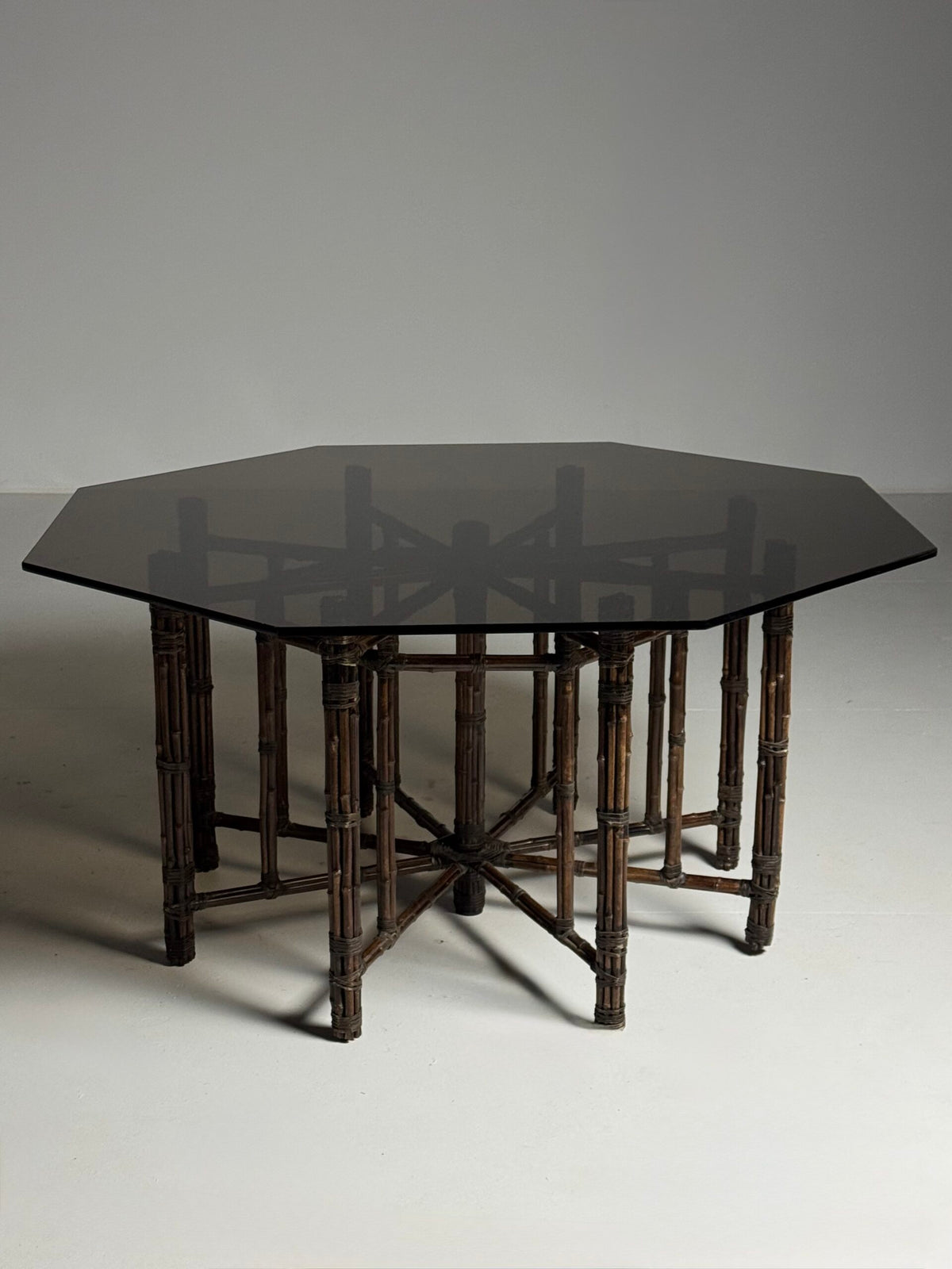 Very Large Bamboo Clad Center Table with Octagonal Glass Top, photo 1