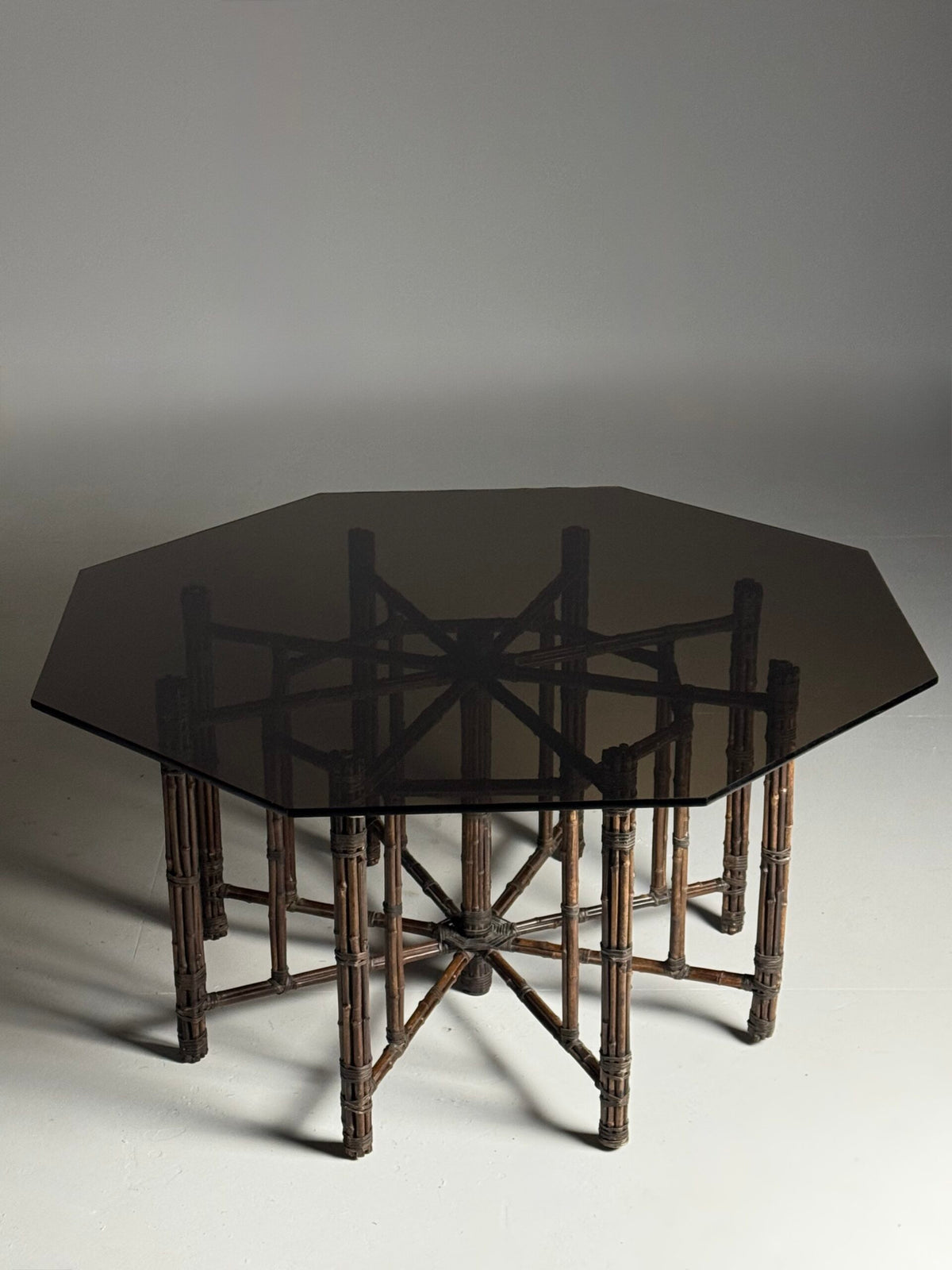 Very Large Bamboo Clad Center Table with Octagonal Glass Top, photo 2