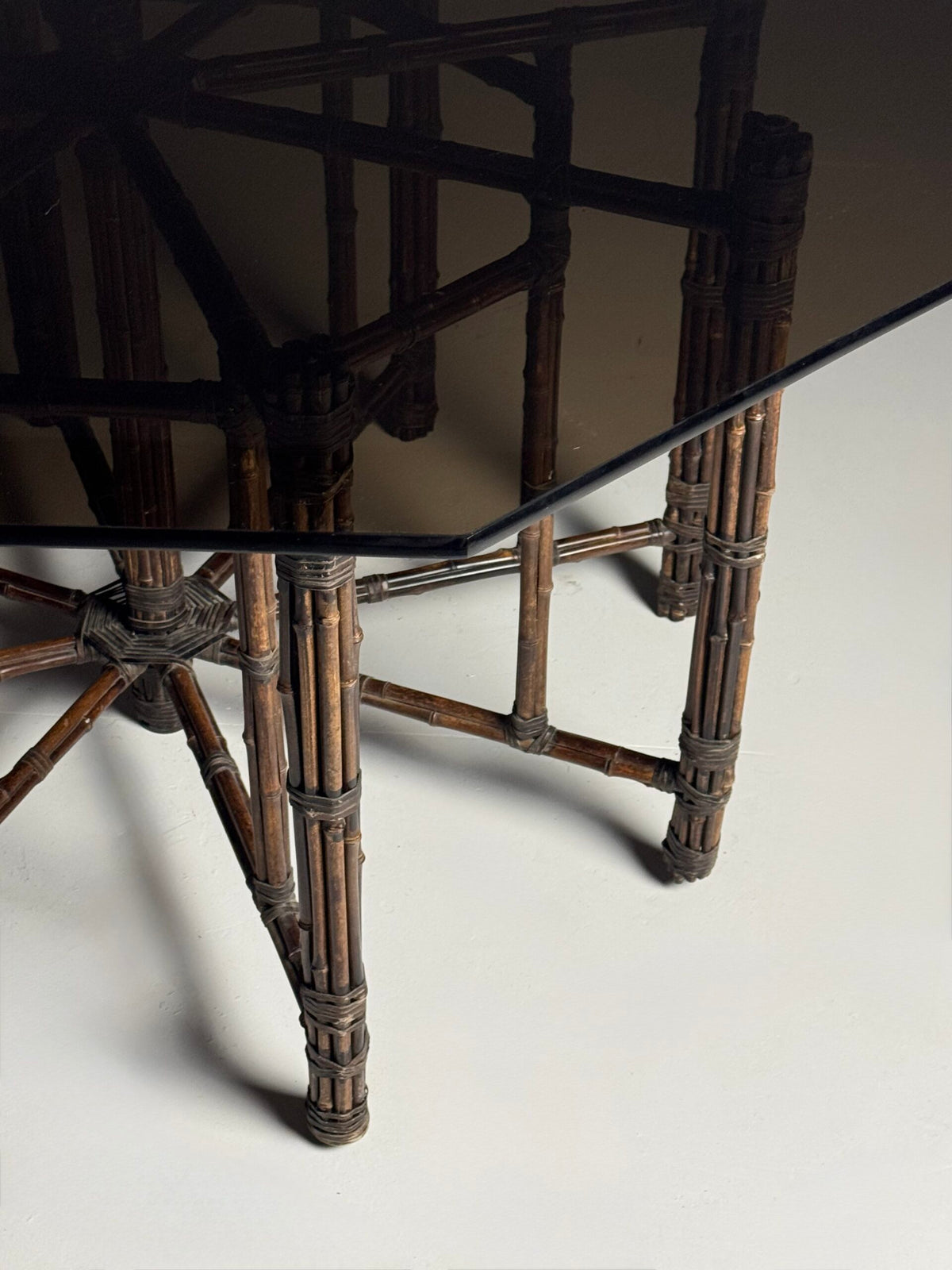 Very Large Bamboo Clad Center Table with Octagonal Glass Top, photo 3