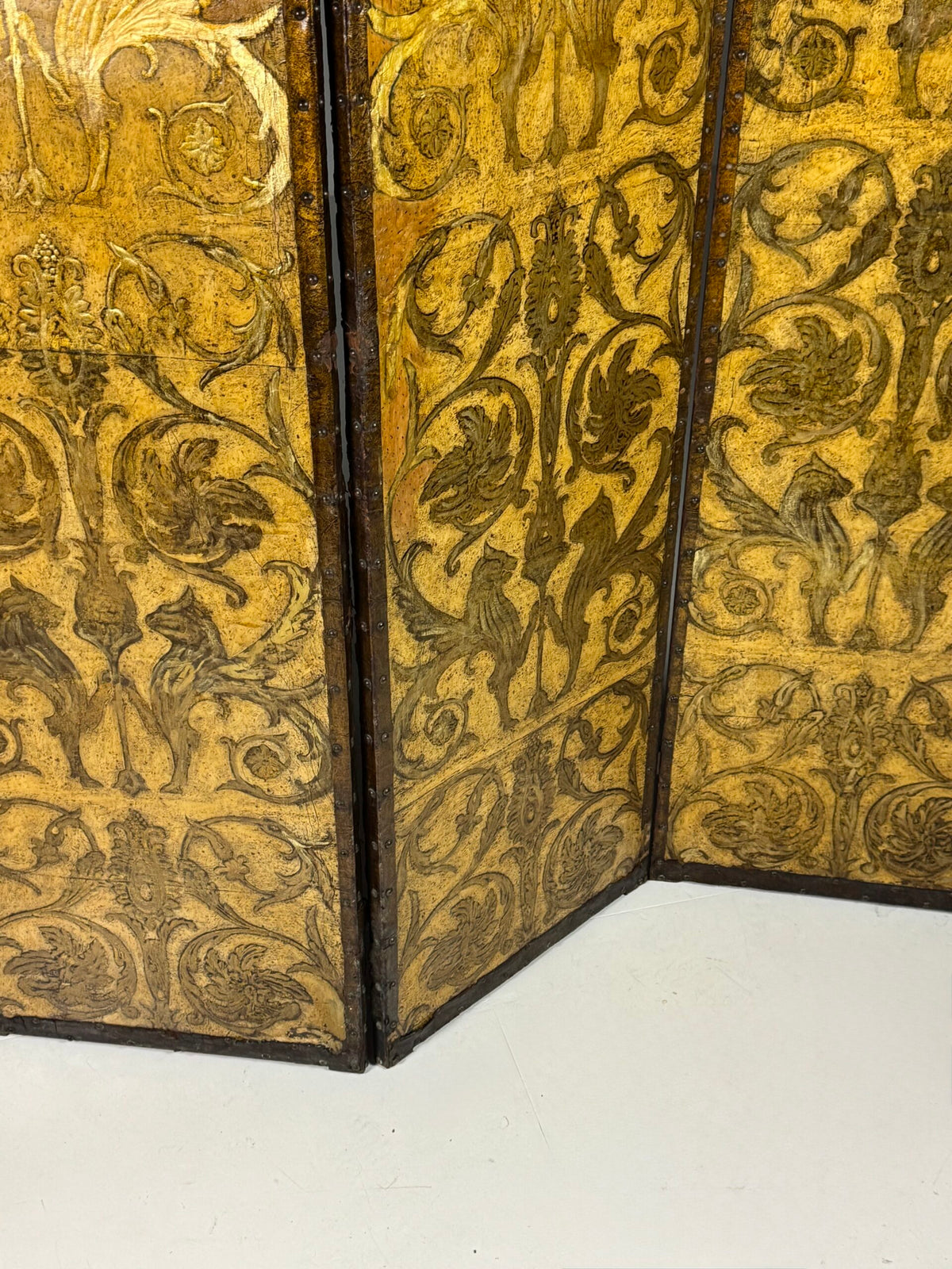19th Century French Yellow Leather Folding Screen, photo 19