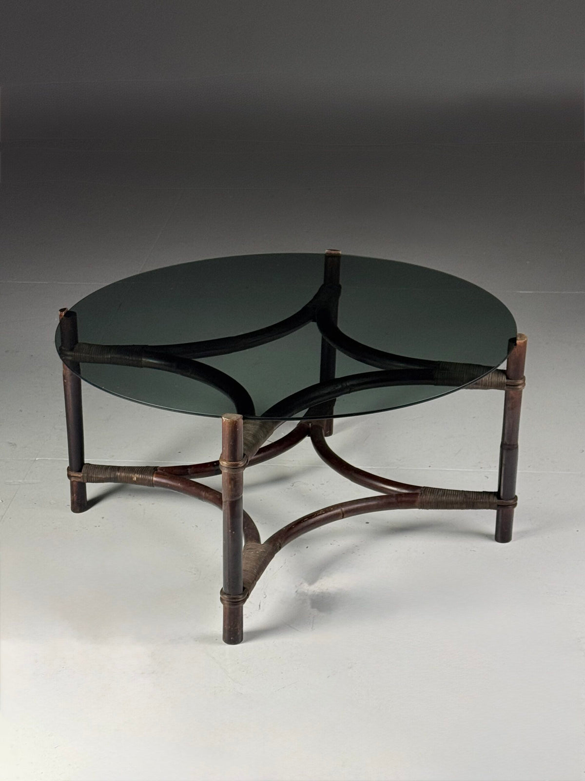 Vintage Rattan Coffee Table with Tinted Glass Top, photo 1