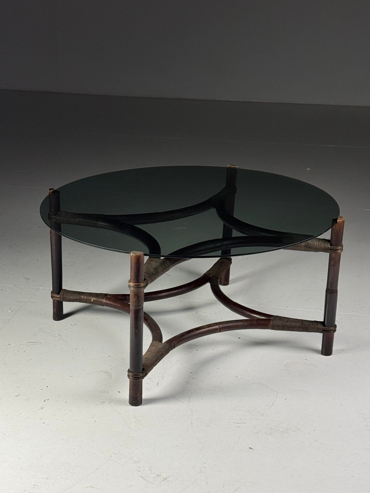 Vintage Rattan Coffee Table with Tinted Glass Top, photo 10