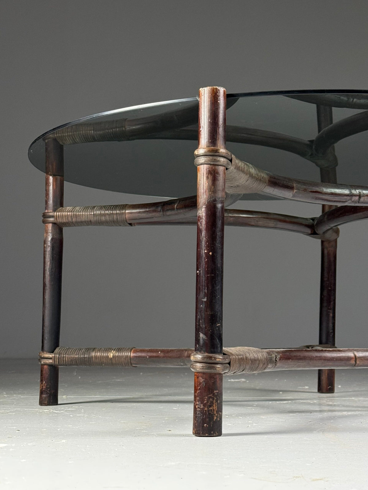 Vintage Rattan Coffee Table with Tinted Glass Top, photo 8