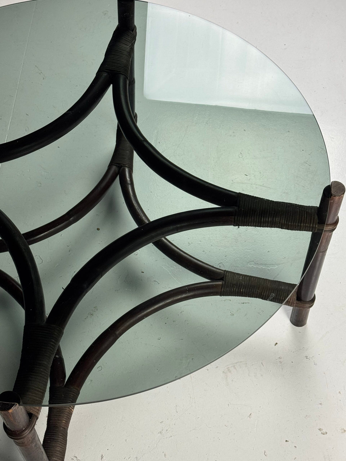Vintage Rattan Coffee Table with Tinted Glass Top, photo 6